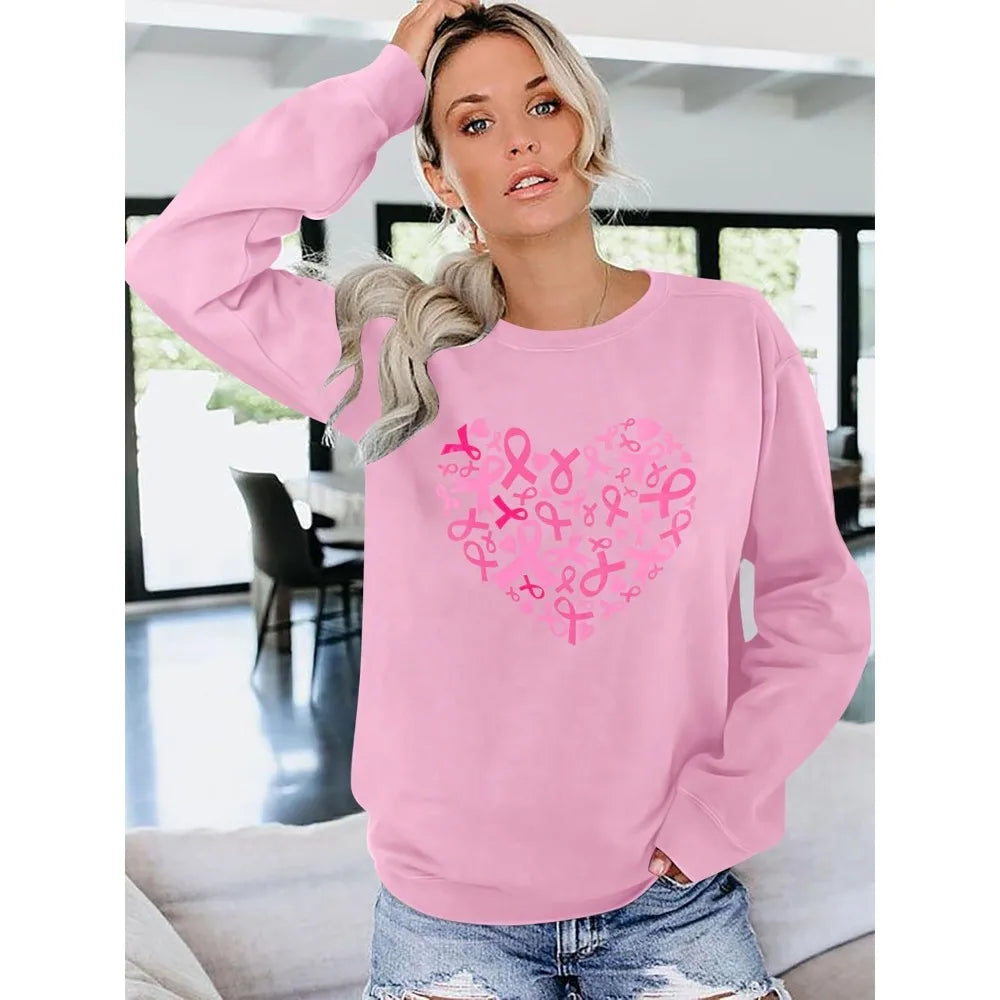 Breast Cancer Awareness Sweatshirt Women Pink Ribbon heart Graphic Shirt Casual Long Sleeve Pullover Blouse