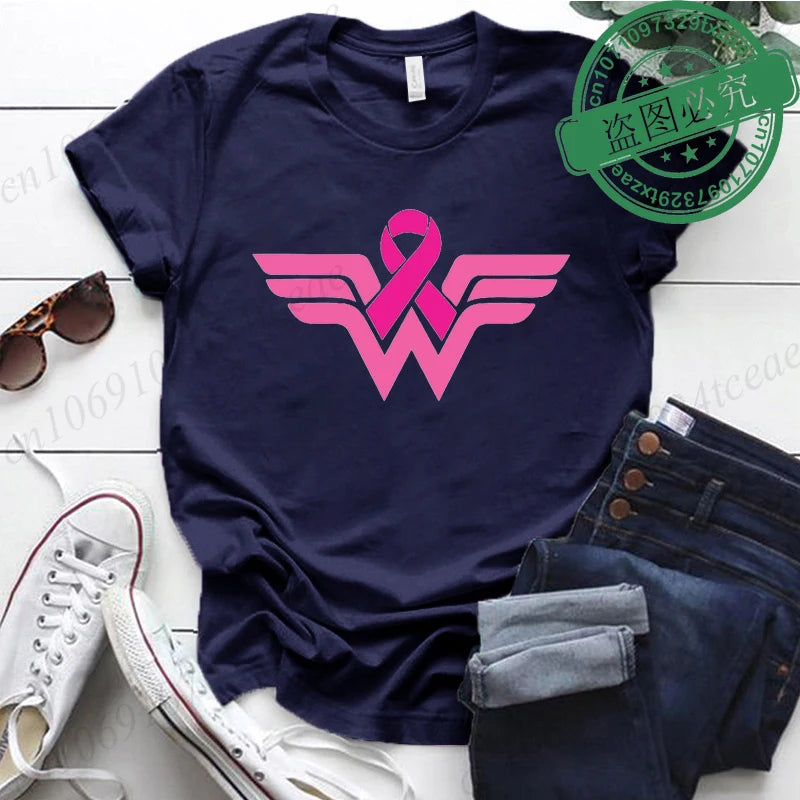 Summer Y2k Women T-shirt Cancer Ribbon Wonder Printed Female Clothing Short Sleeve Breast Cancer Awareness Tops Fighter Tees