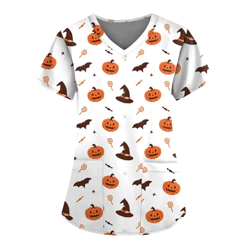 Women's Hospital Uniform Halloween Cartoon Print Dental Nurse Tops V-Neck Short Sleeve with Pocket Tee Medical Uniform for Women