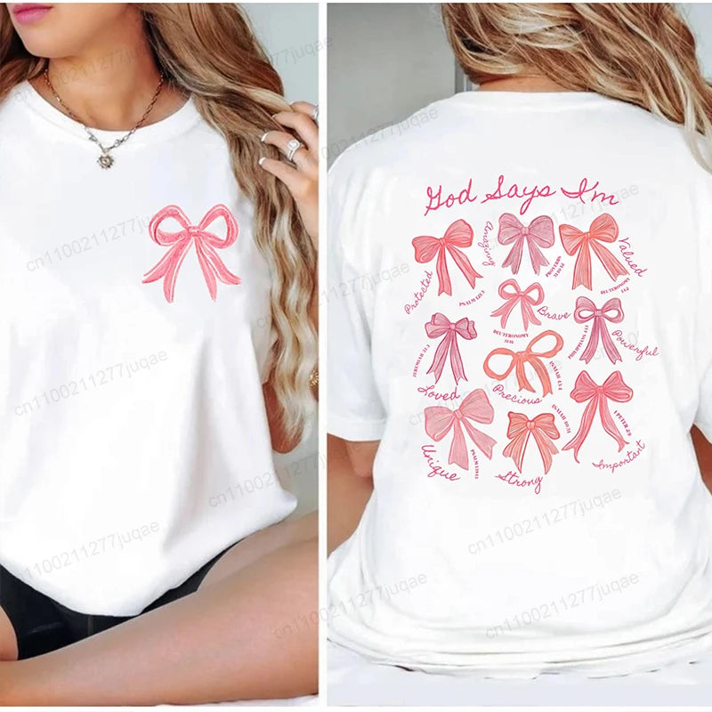 the GOD SAYS - God Says I Am Coquette Bow Trend Women Fashion Clothing Graphic T-Shirts, Clothes Boho Jesus Bible Verse Print Shirt Casual Tee