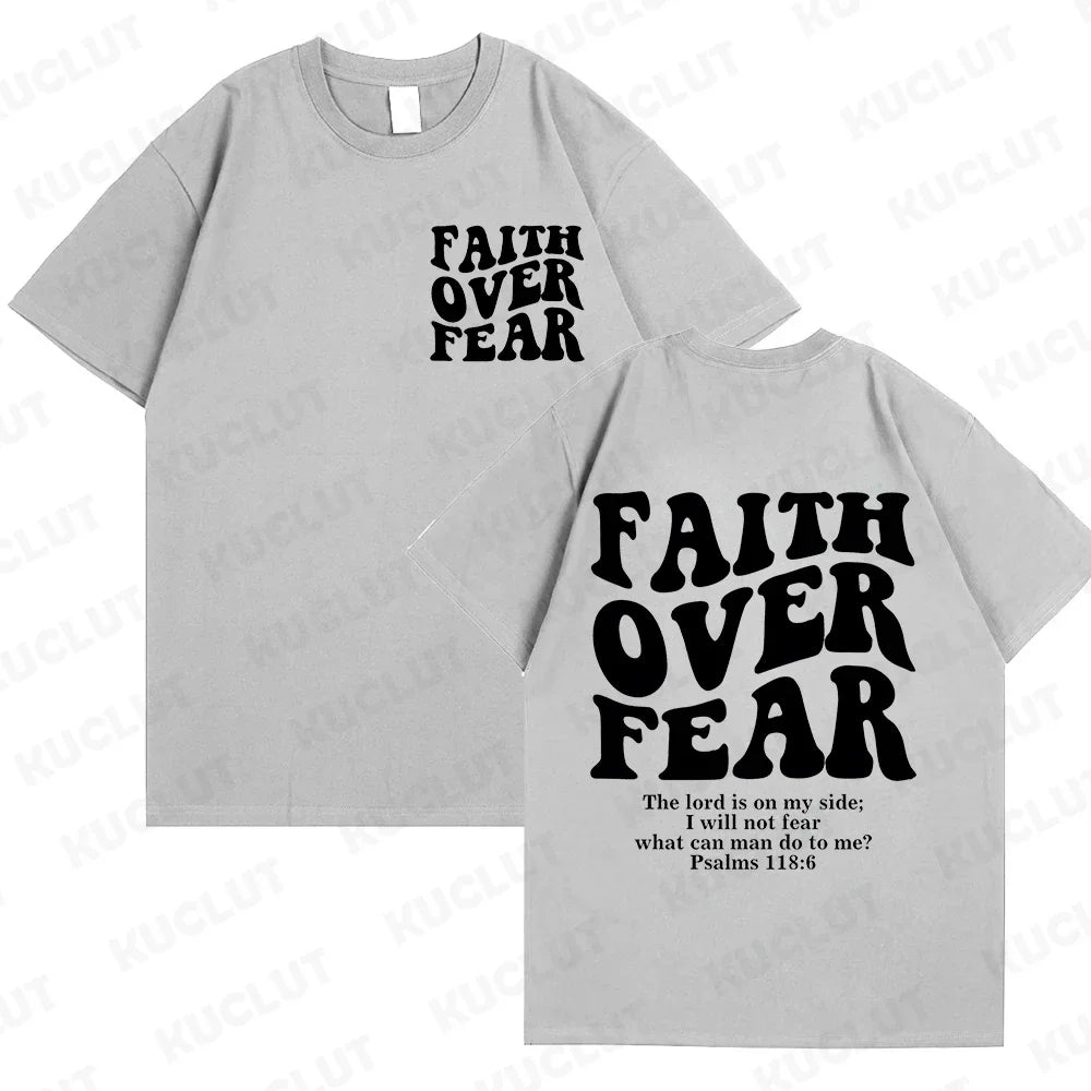 the FAITH OVER FEAR - Christian Women T-Shirts, Christian Clothes, Jesus Fashion Trendy T-Shirts Bible Verse Sportwear Aesthetic Clothes