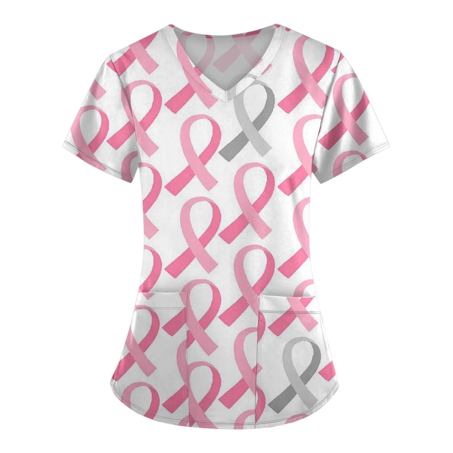 Scrub Medical Woman Breast Cancer Scrub Tops for Women V Neck Short Sleeve Cute Ribbon Prints Mock Blouse Black Medical Uniforms