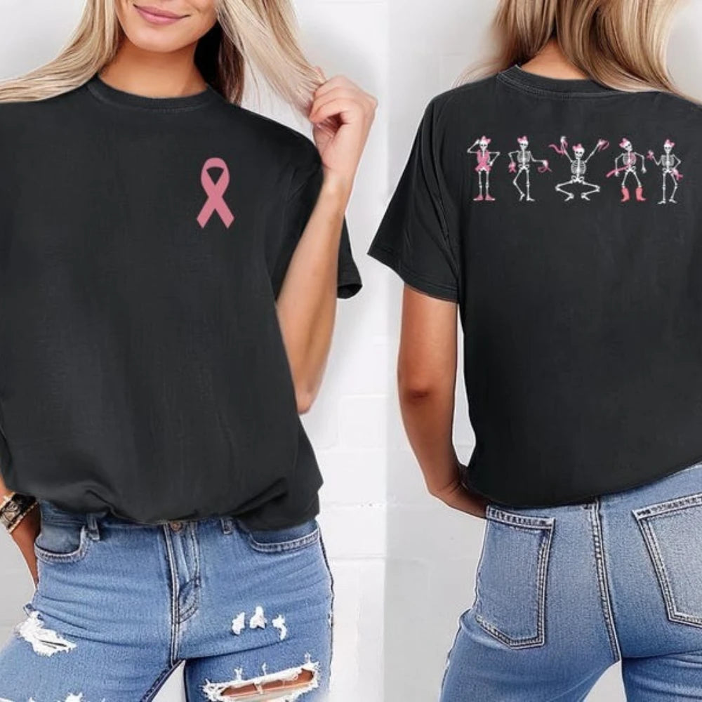 Breast Cancer Awareness Pink Ribbon Skeleton T-Shirt Halloween Gift Dancing Bones Shirt Women Men Unisex Comfortable Cotton Tee