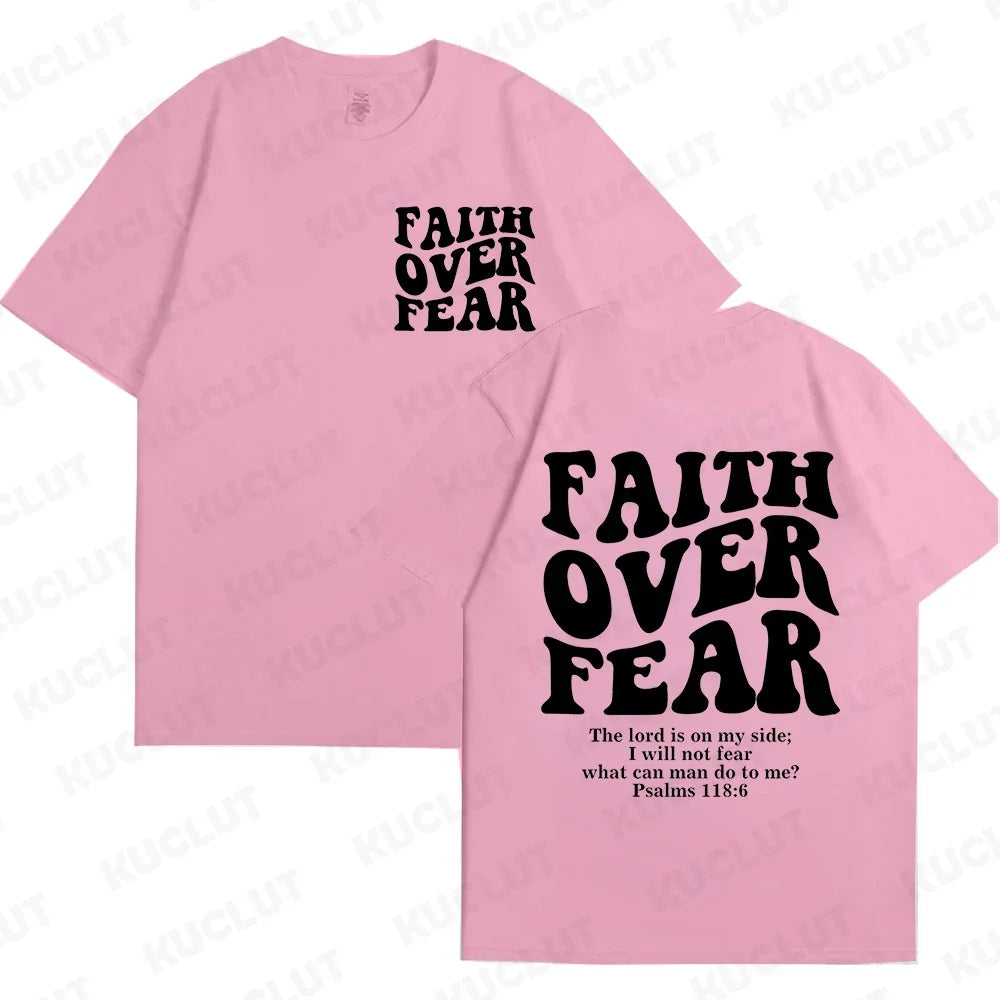 the FAITH OVER FEAR - Christian Women T-Shirts, Christian Clothes, Jesus Fashion Trendy T-Shirts Bible Verse Sportwear Aesthetic Clothes