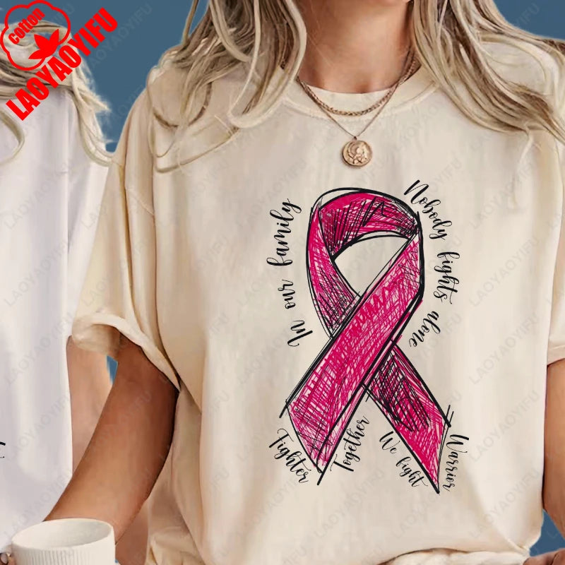 Fashion Breast Cancer Cotton Shirt Pink Breast Cancer Awareness T-Shirt Supporter Crew Tees Retro Cotton Woman Short-sleeve Tops