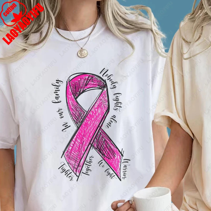 Fashion Breast Cancer Cotton Shirt Pink Breast Cancer Awareness T-Shirt Supporter Crew Tees Retro Cotton Woman Short-sleeve Tops