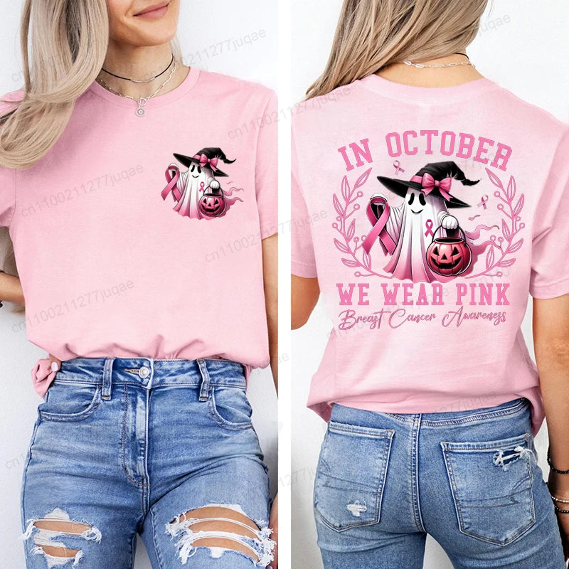 In October We Wear Pink Print Tshirt Women Fashion T Shirt Casual Summer Tee Shirts Breast Cancer Streetwear Short Sleeve Shirt