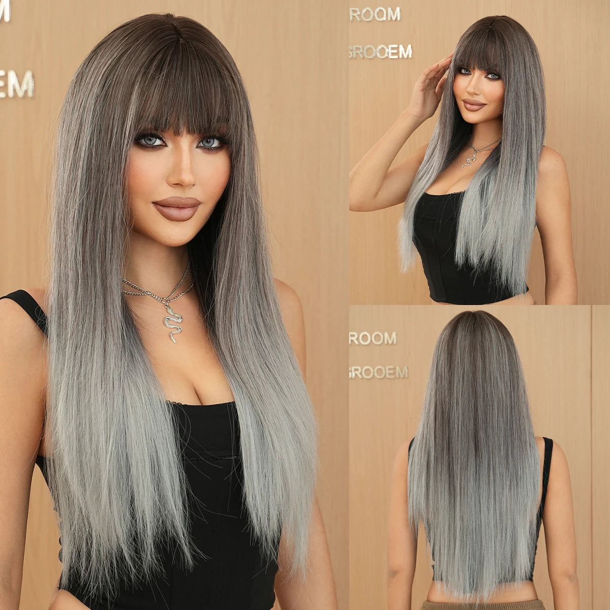 the GODDESS - Long Wavy Grey Purple Wig for Women, Cosplay Daily Party Overhead Dyeing Wavy Synthetic Heat-Resistant Wigs