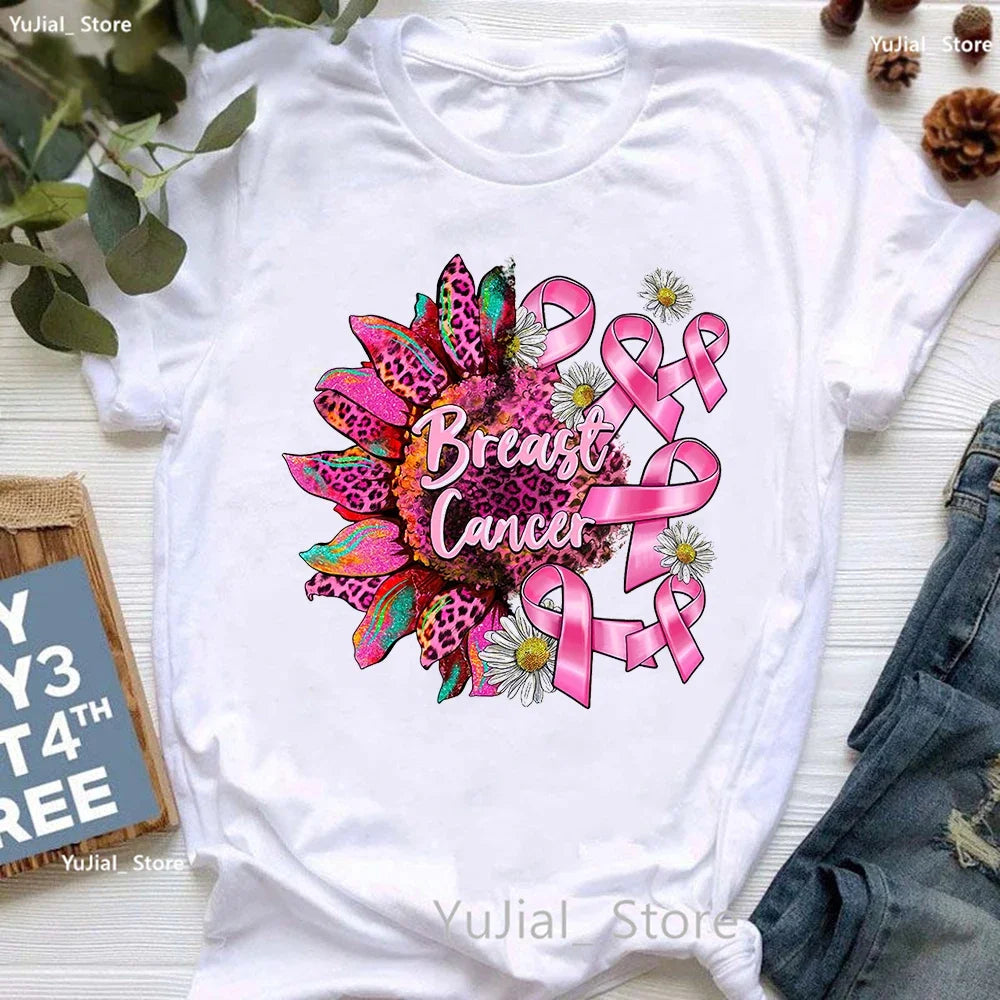 Breast Cancer Awareness Print T Shirt Women Pink High Shoes Tshirt Femme Summer Short Sleeve T-Shirt Female Dropshipping