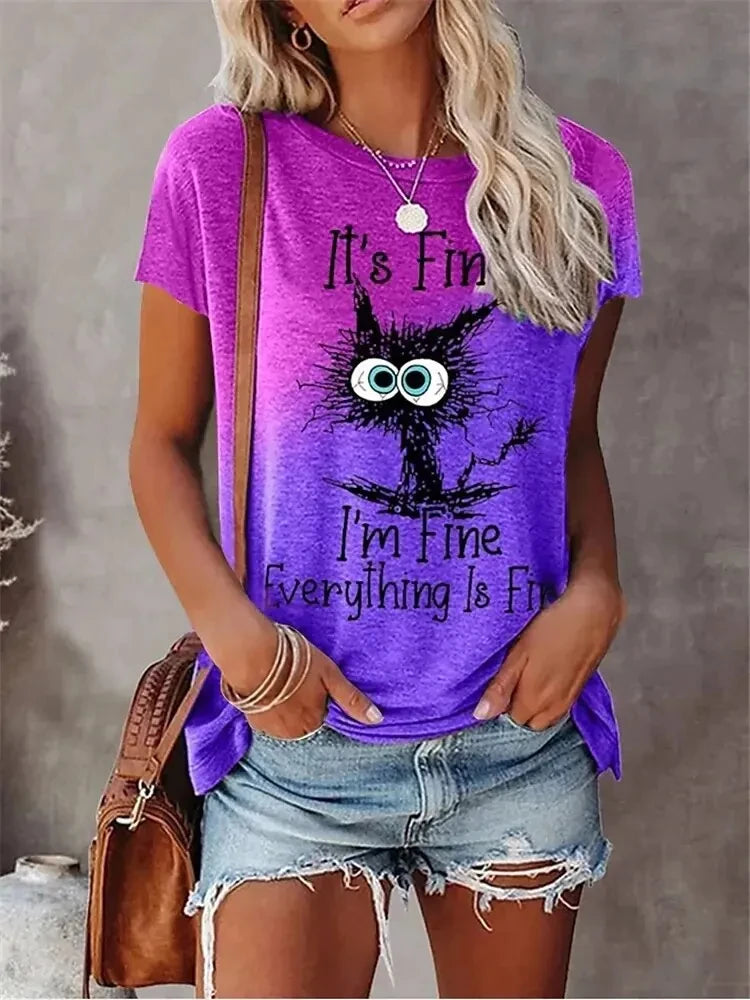 the I'M FINE - 3D Print T-Shirts Women Streetwear Summer Cartoon Cats Fine, Casual Fashion Short Sleeve T Shirt O-neck Tees Tops Clothing