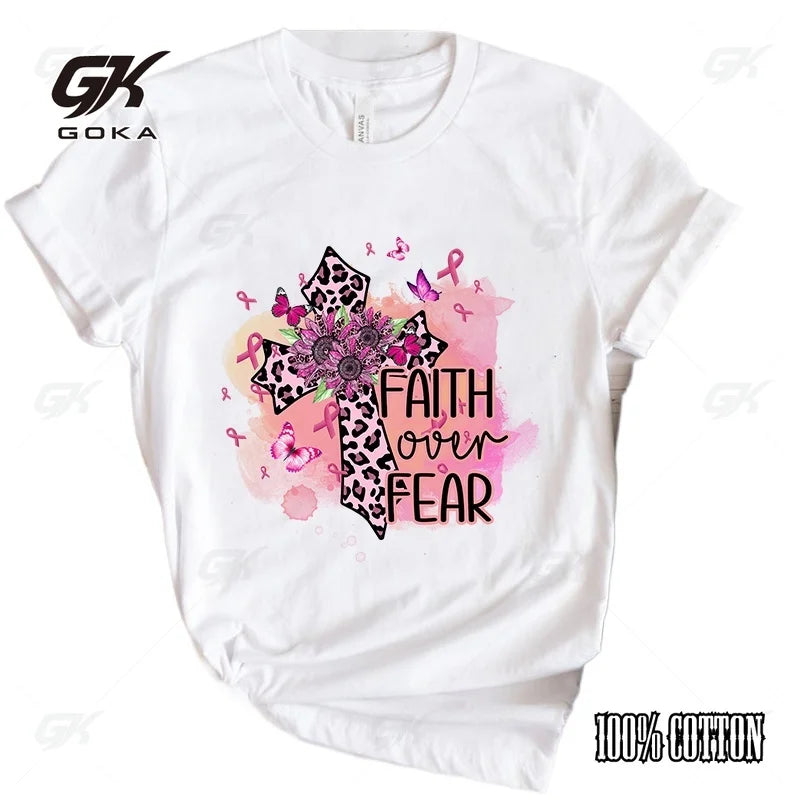 the CROSS - Breast Cancer Awareness Faith Over Fear Print T-Shirt