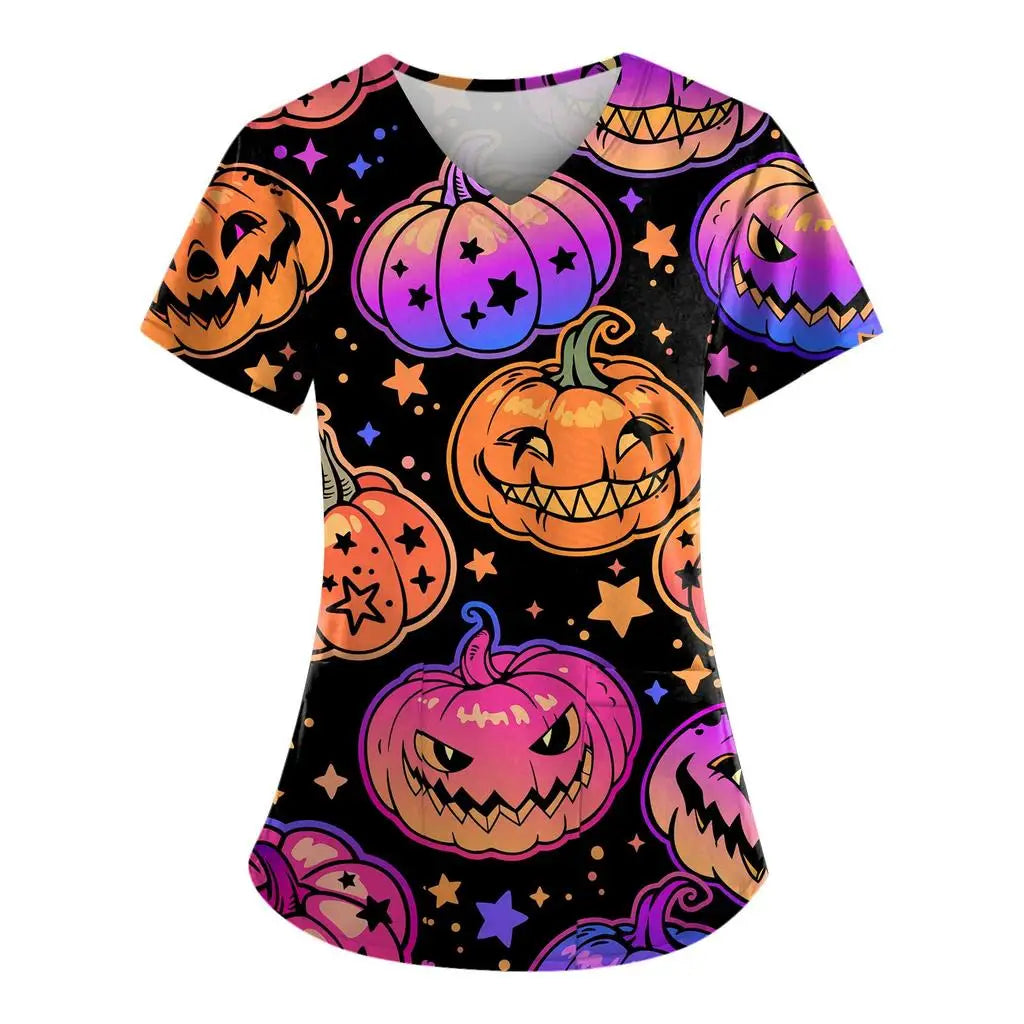 Women's Hospital Uniform Halloween Cartoon Print Dental Nurse Tops V-Neck Short Sleeve with Pocket Tee Medical Uniform for Women