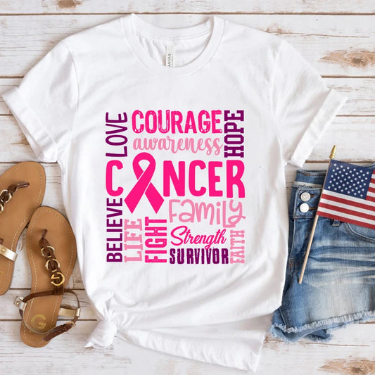 the WORDS OF ENCOURAGEMENT - Breast Cancer Awareness Cancer Letter Printed T-Shirts for Women