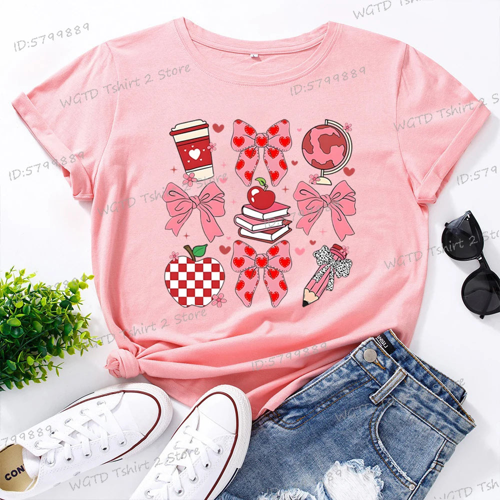 Teacher's Day Graphic Print T-Shirt Teacher Gifts Pink Bows Coquette Crewneck Clothing Back To School Shirt Cute Teacher Tees