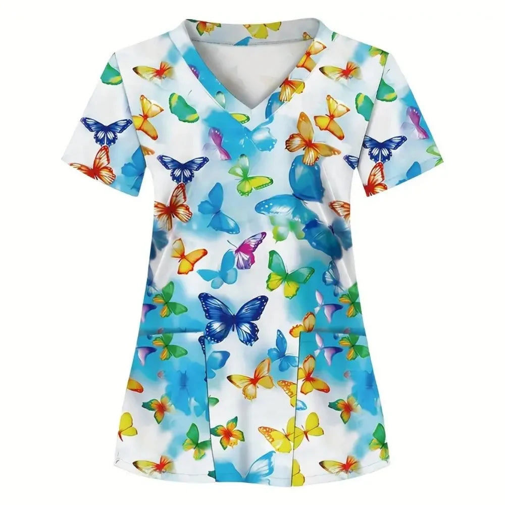 Scrub Medical Woman Elegant Butterfly Print Health Care Nursing V-Neck Short Sleeve Patch Pocket Tops Medical Uniform for Women