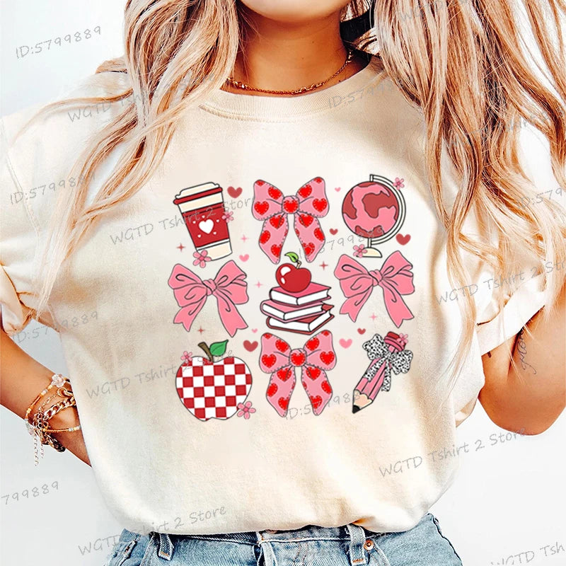 Teacher's Day Graphic Print T-Shirt Teacher Gifts Pink Bows Coquette Crewneck Clothing Back To School Shirt Cute Teacher Tees
