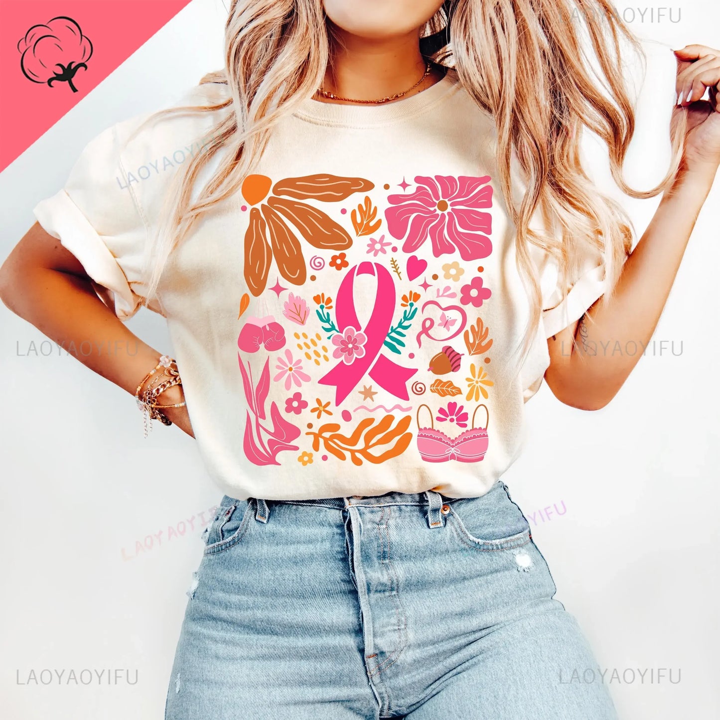Breast Cancer Awareness Fight Print T Shirt in October We Wear Pink Awareness Ribbon Aesthetic Clothes Pink and White Tops Shirt