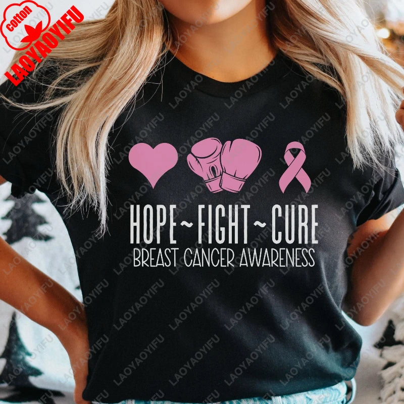 Fashion Breast Cancer Cotton Shirt Pink Breast Cancer Awareness T-Shirt Supporter Crew Tees Retro Cotton Woman Short-sleeve Tops