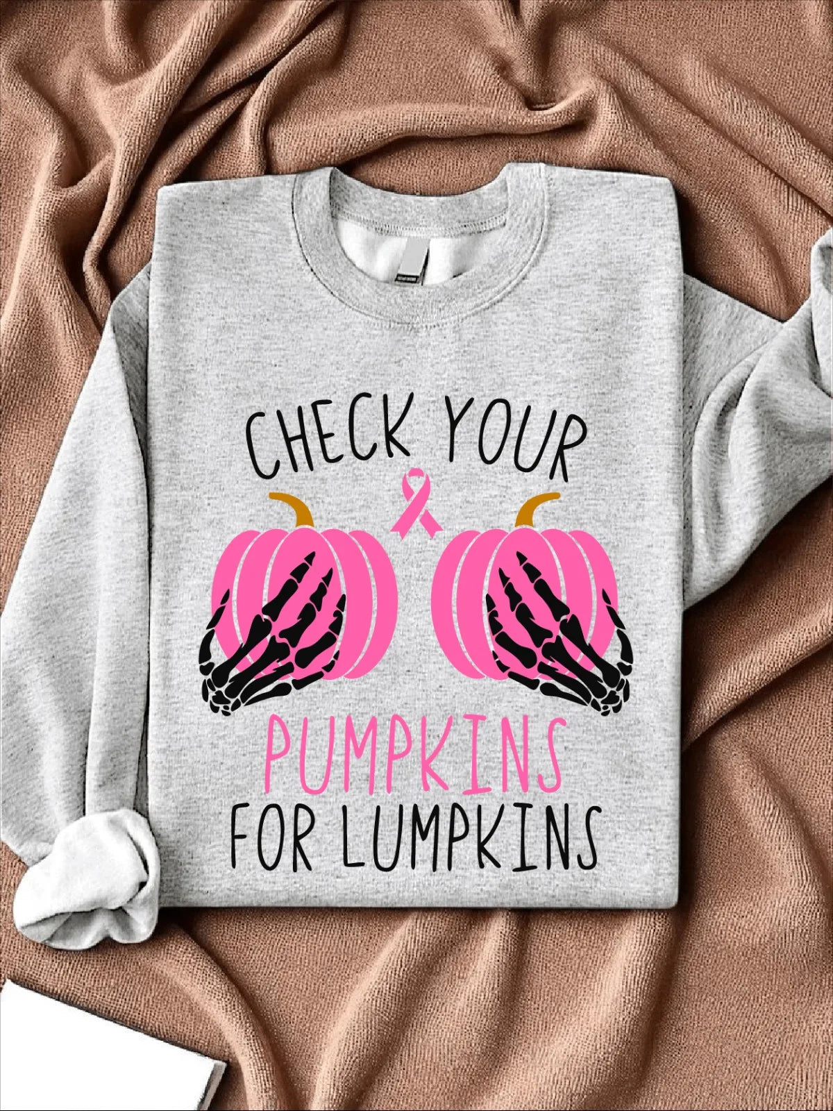 Halloween Breast Cancer Sweatshirt Awareness Sweater Check Your Pumpkins For Lumpkins Pink Ribbon Gift Breast Fighter Outfit