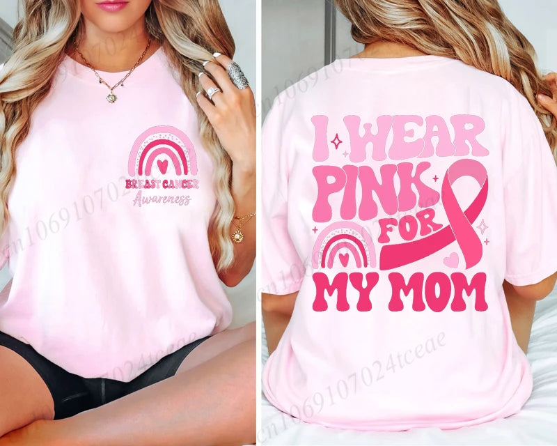 the PINK FOR - I Wear Pink for Breast Cancer Print Women T-Shirt, Pink Ribbon Support Squad Shirt for Women, Fashion Casual Clothes Summer T-Shirt