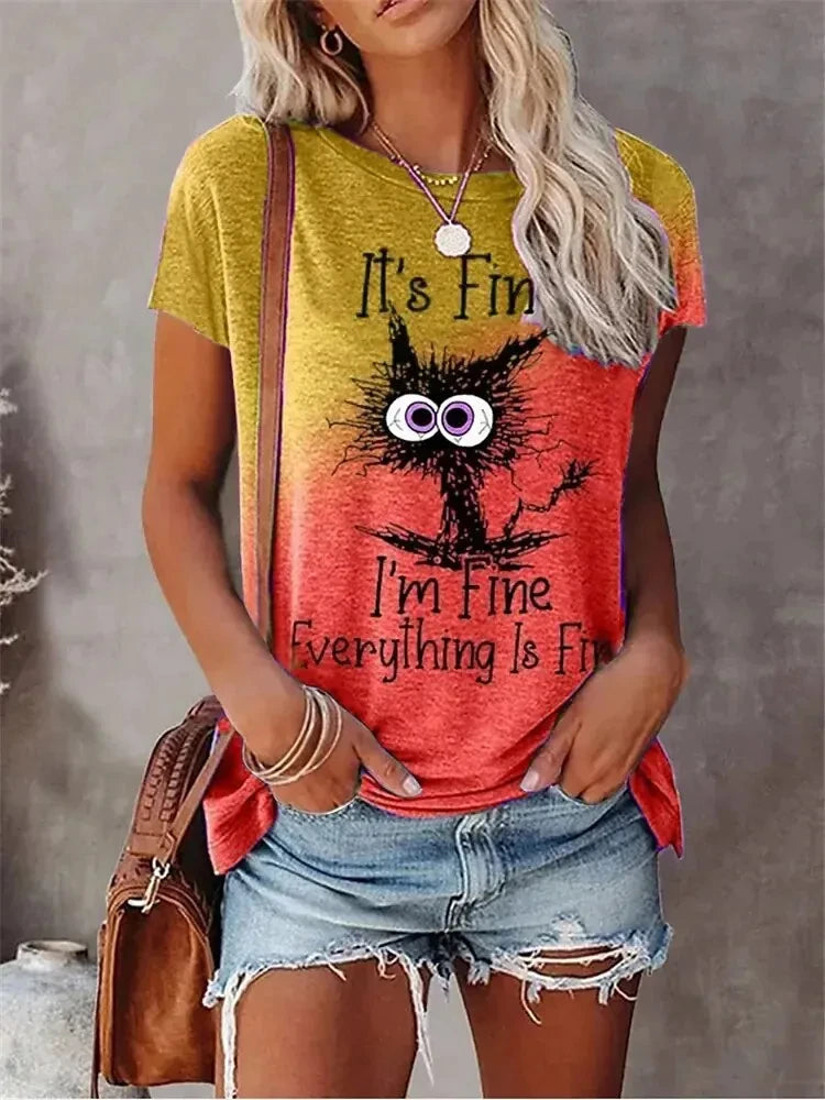 the I'M FINE - 3D Print T-Shirts Women Streetwear Summer Cartoon Cats Fine, Casual Fashion Short Sleeve T Shirt O-neck Tees Tops Clothing
