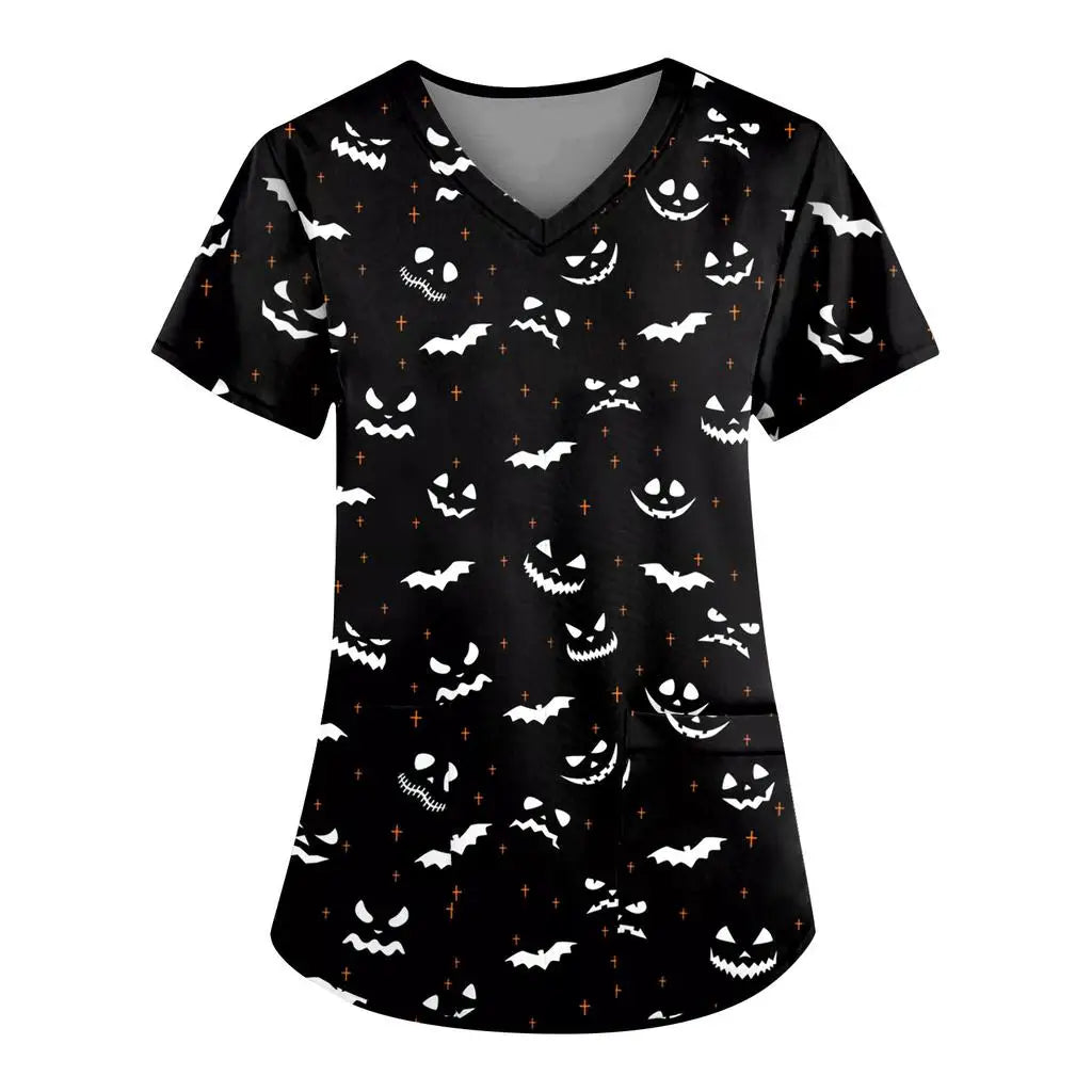 Women's Hospital Uniform Halloween Cartoon Print Dental Nurse Tops V-Neck Short Sleeve with Pocket Tee Medical Uniform for Women