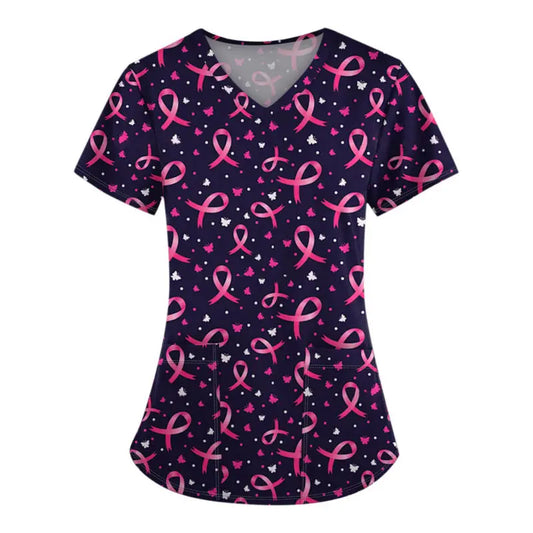 the PINK RIBBON RN - Surgical Uniforms, Woman Pink Ribbon Print Heal Nurse Tops V-Neck Short Sleeve Patch Pocket Cancer Fighter Clinical Uniform Woman