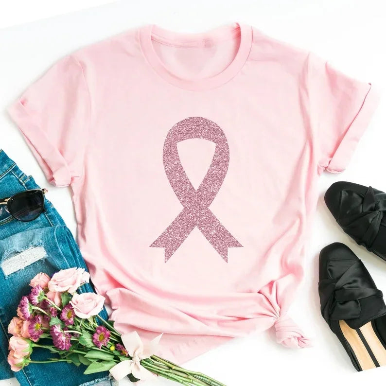 Ribbon Print Breast Cancer Awareness Shirts Cancer Survivor Shirt Pink Ribbon Shirt Breast Cancer Awareness Gift Tees Cotton Tee