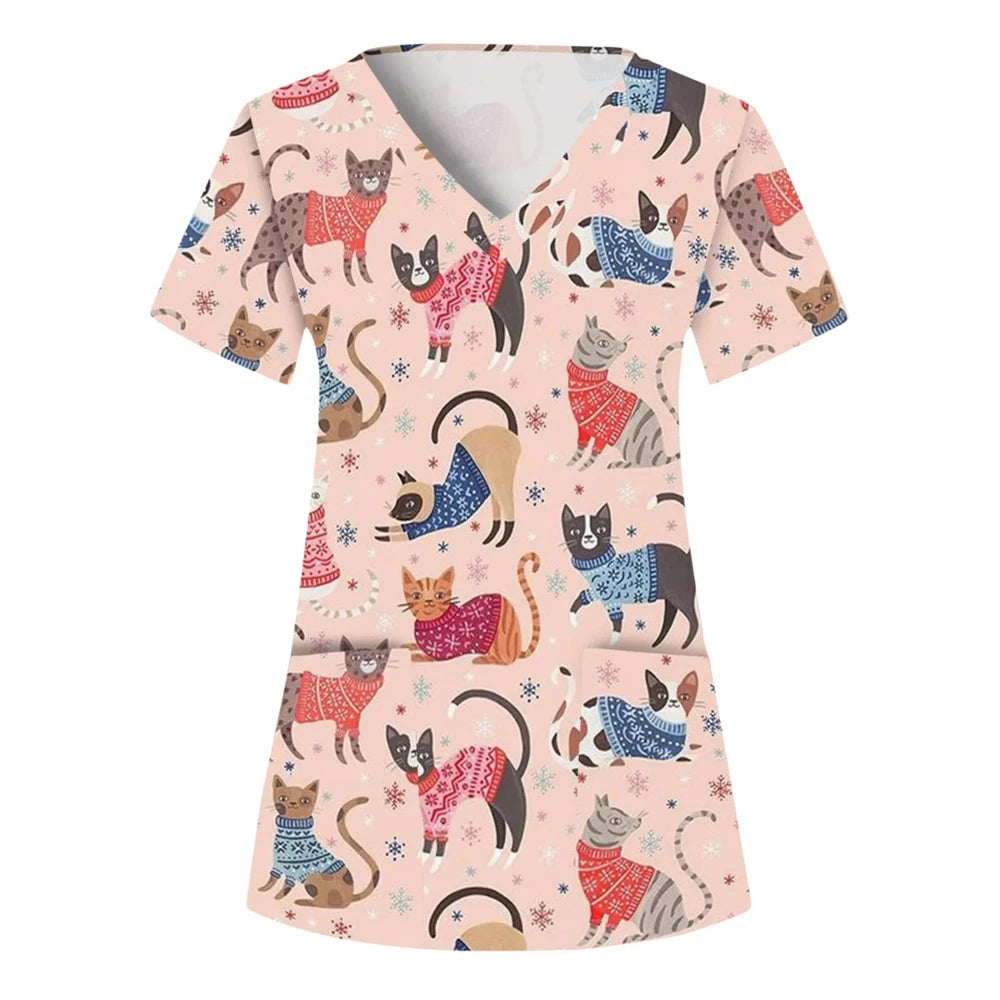 Wholesalers Clinical Uniform Woman Cat Cartoon Print Vet Nursing Tops V-Neck Short Sleeve with Pockets Tees Nurse Uniform Woman
