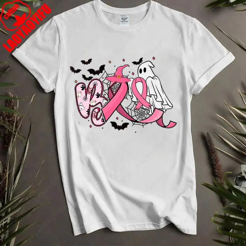 Boo Halloween Pumpkin Ghost Tee Men Women Cotton Tops in October We Wear Pink Ribbon Witch Roupas Breast Cancer Awareness Tshirt