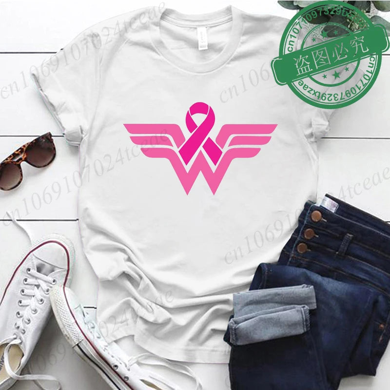 Summer Y2k Women T-shirt Cancer Ribbon Wonder Printed Female Clothing Short Sleeve Breast Cancer Awareness Tops Fighter Tees
