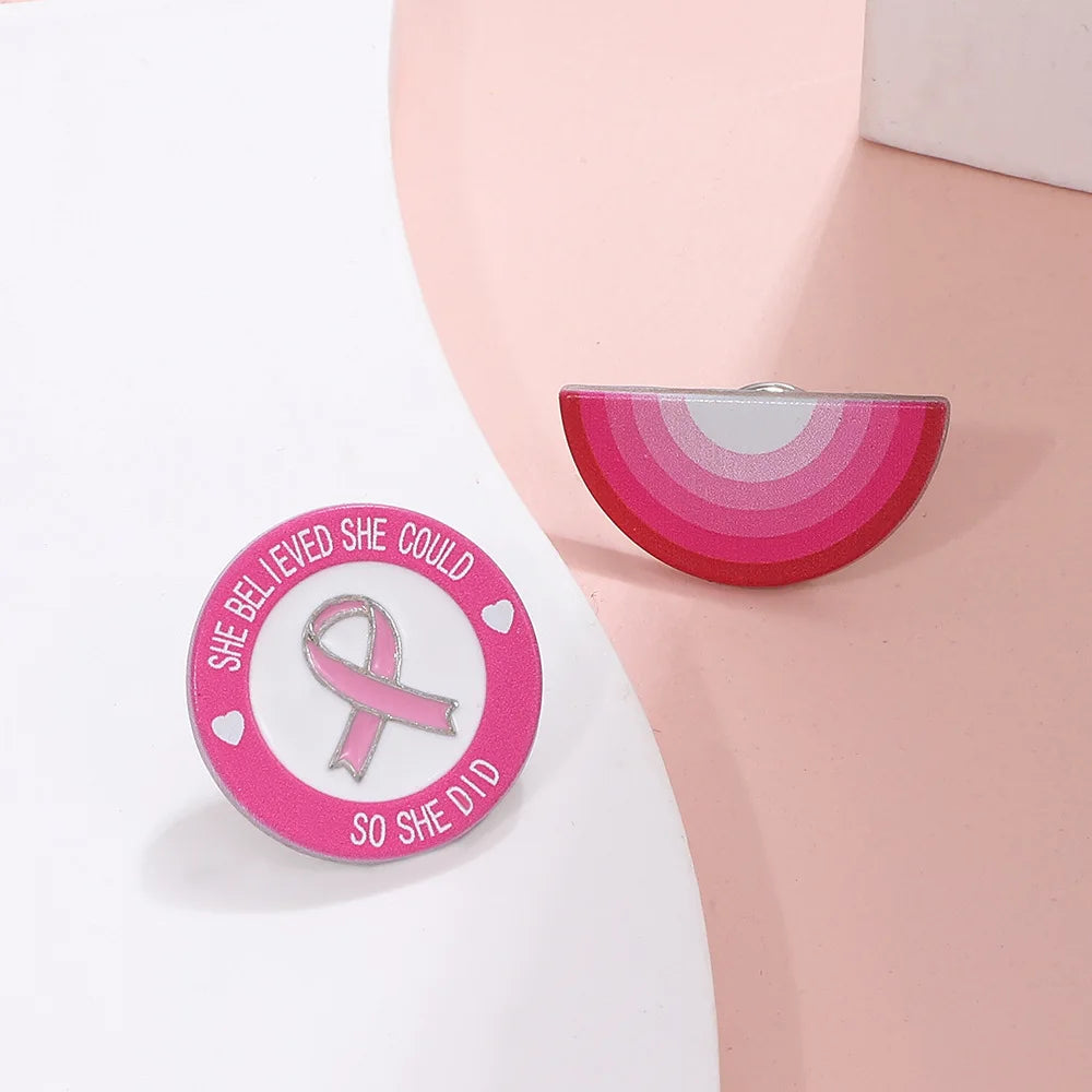 PBR098, 3 Pieces "She Believed She Could So She Did" Hope Pink Ribbon Breast Cancer Awareness Enamel Brooch Lapel Pin Badge