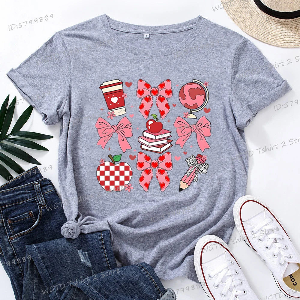 Teacher's Day Graphic Print T-Shirt Teacher Gifts Pink Bows Coquette Crewneck Clothing Back To School Shirt Cute Teacher Tees