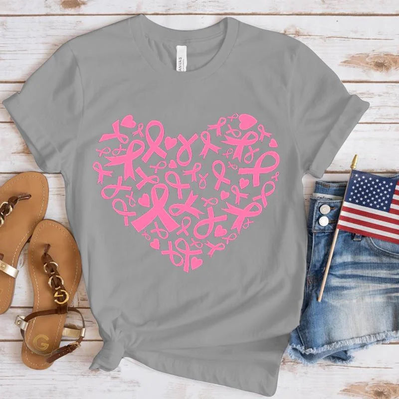 the RIBBON HEART - Breast Cancer Awareness Heart Print T-Shirt