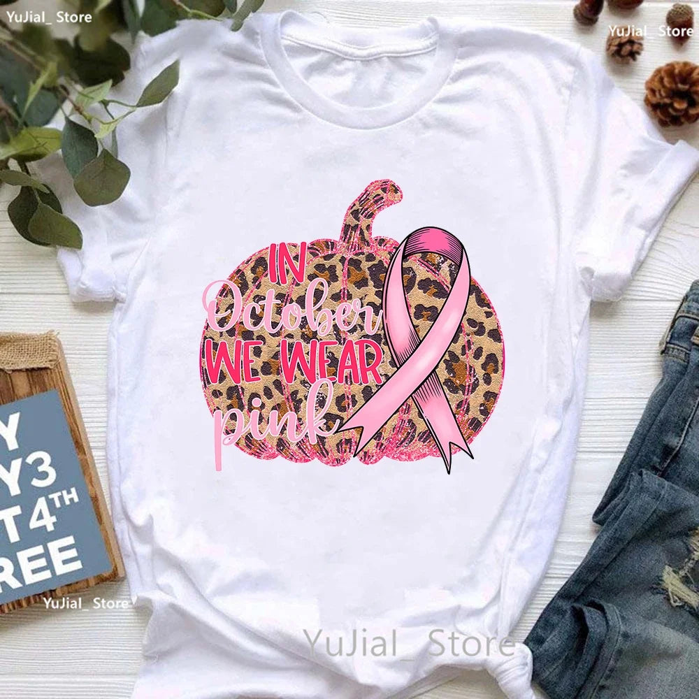 Breast Cancer Awareness Print T Shirt Women Pink High Shoes Tshirt Femme Summer Short Sleeve T-Shirt Female Dropshipping