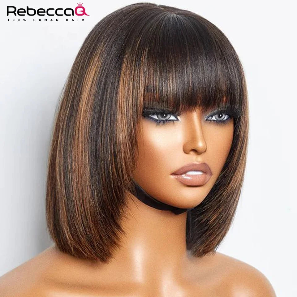 the REBECCA - Highlight Blonde Short BOB 3x1 Lace Glueless Human Hair Wig, Ready To Go Brazilian 1b/30 Straight Bob Bone With Bangs For Women