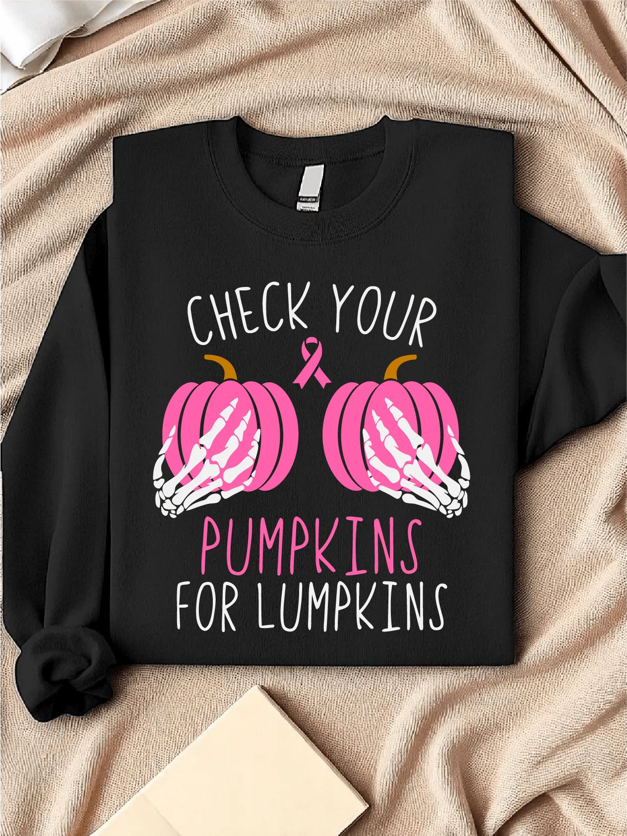 Halloween Breast Cancer Sweatshirt Awareness Sweater Check Your Pumpkins For Lumpkins Pink Ribbon Gift Breast Fighter Outfit