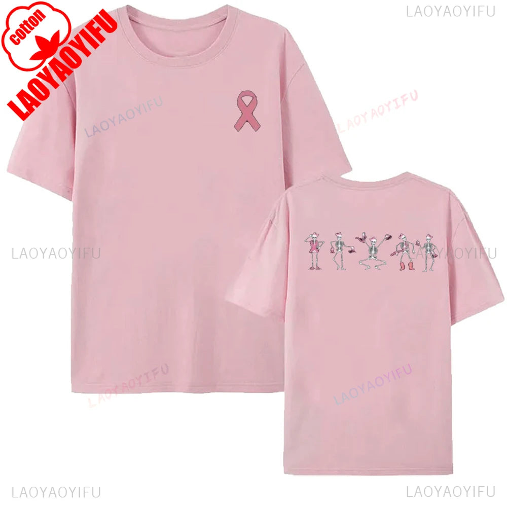 Breast Cancer Awareness Pink Ribbon Skeleton T-Shirt Halloween Gift Dancing Bones Shirt Women Men Unisex Comfortable Cotton Tee