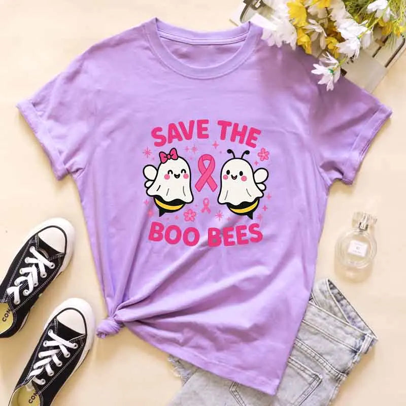 the SAVE THE BOO-BEES - Halloween "Save the Boo Bees" Tees, Funny Ghost Bee Breast Cancer Awareness T-Shirt, Cute Strong Women Pink Ribbon T-Shirt