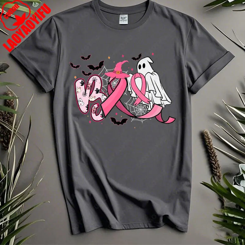 Boo Halloween Pumpkin Ghost Tee Men Women Cotton Tops in October We Wear Pink Ribbon Witch Roupas Breast Cancer Awareness Tshirt