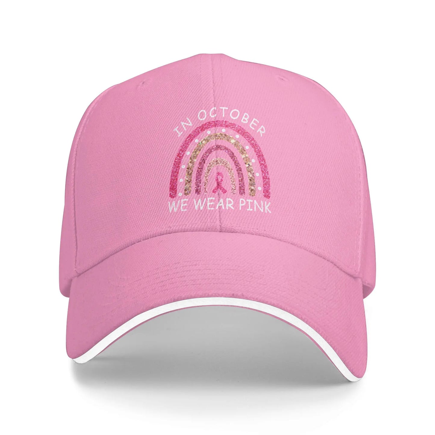 October We Wear Pink Rainbow Breast Cancer Awareness Ribbon Sandwich Cap Baseball Cap  Hat Adjustable Snapback Caps Hat Caps