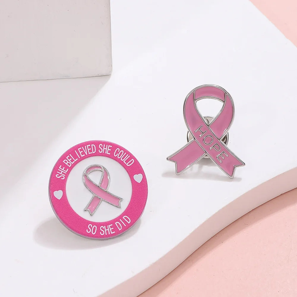 PBR098, 3 Pieces "She Believed She Could So She Did" Hope Pink Ribbon Breast Cancer Awareness Enamel Brooch Lapel Pin Badge