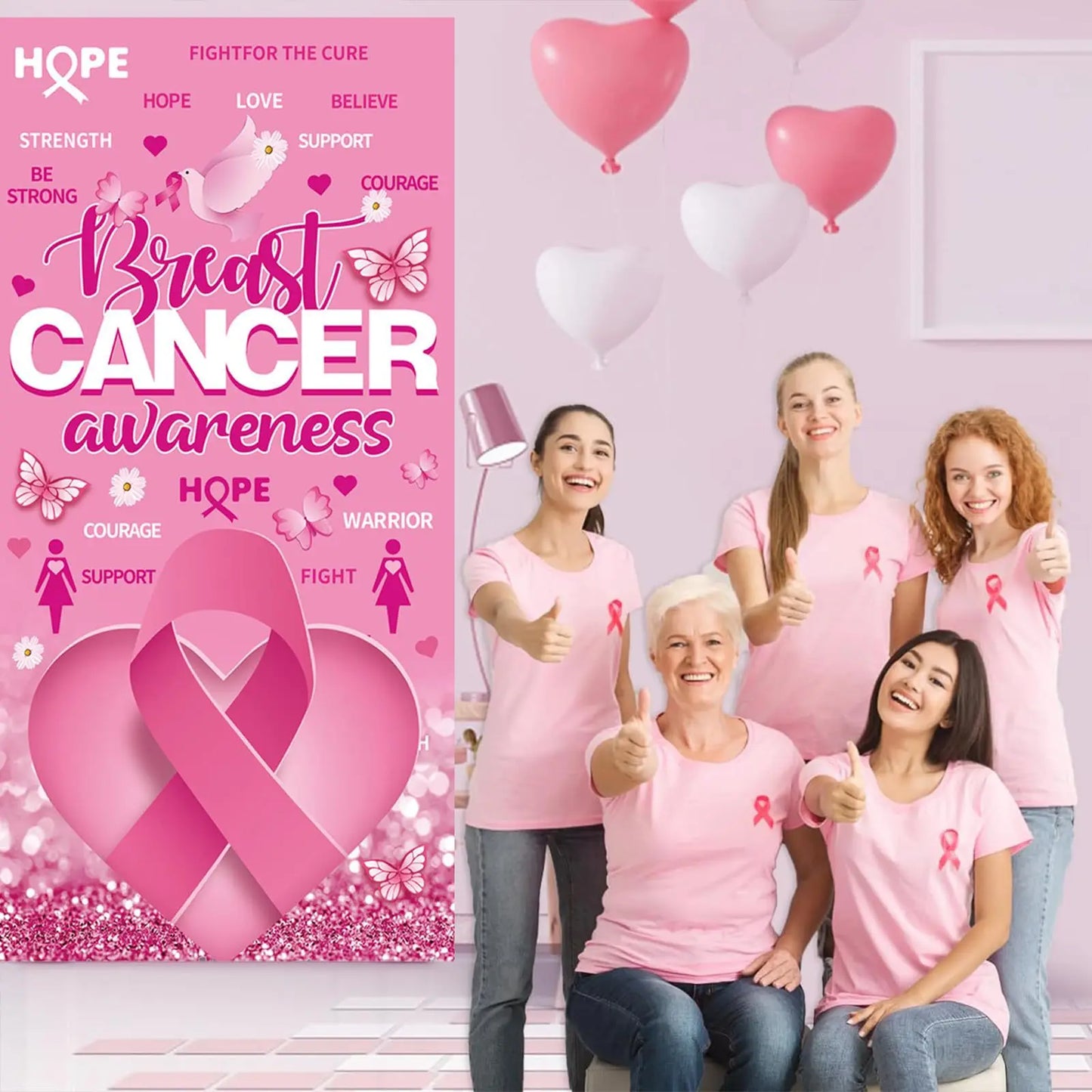 1Pcs Breast Cancer Awareness Decorations Door Banner Hope Strength Courage Faith Banners for Breast Cancer Awareness Decor