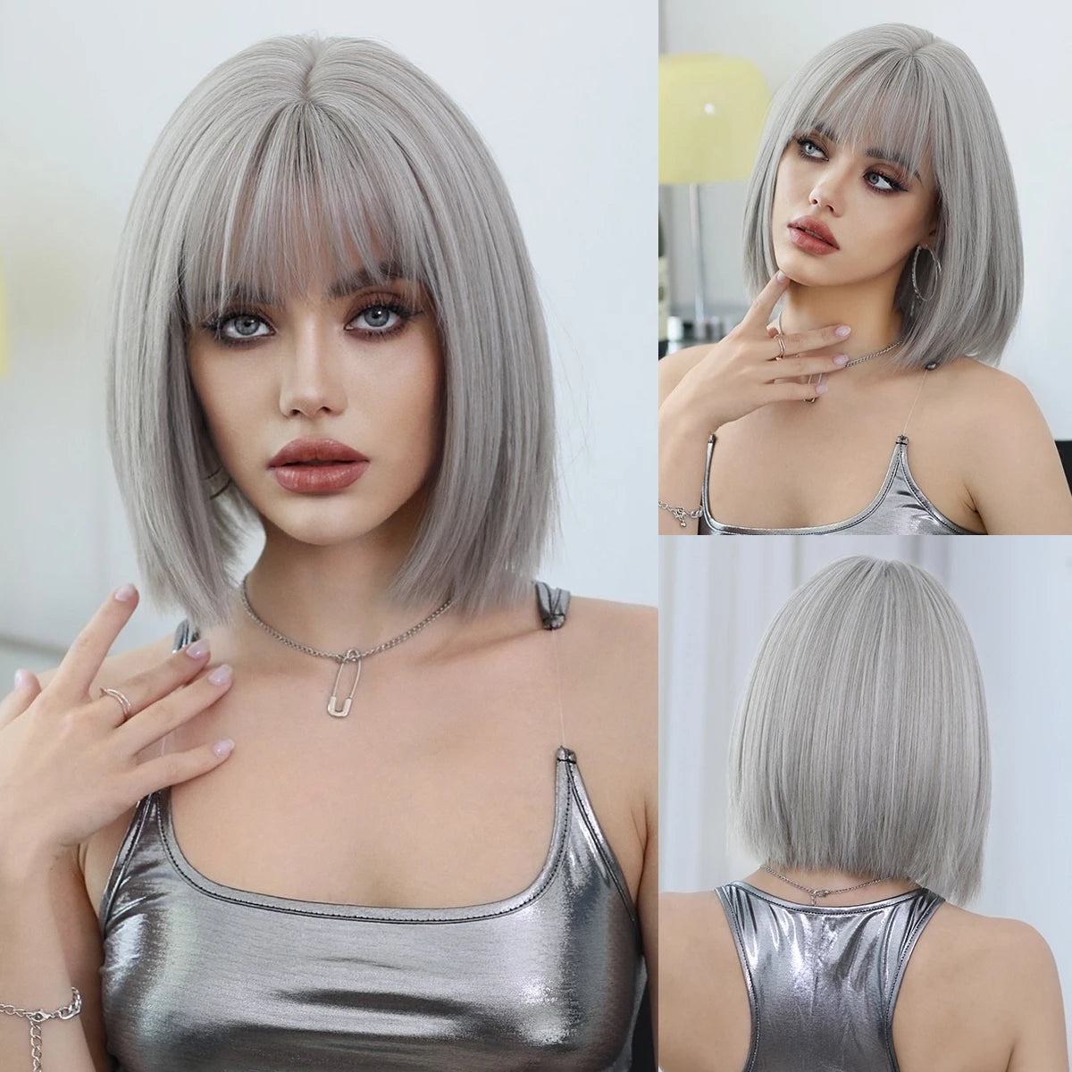 the NAOMI - Rose Pink Short Wig for Women, Daily Party Overhead Dyeing Black Natural Synthetic Lavender Heat Resistant Straight Wigs