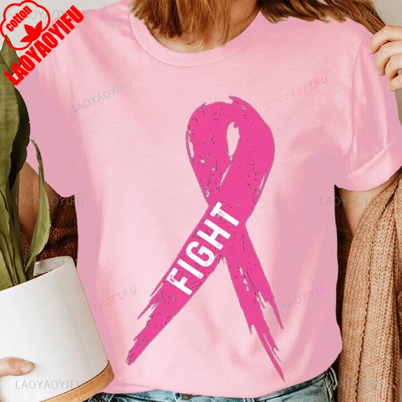 Pink Ribbon Fight Breast Cancer Awareness October Women T-Shirt Men Adult Summer Casual Graphic T Shirts Cotton O-neck Tops Tee