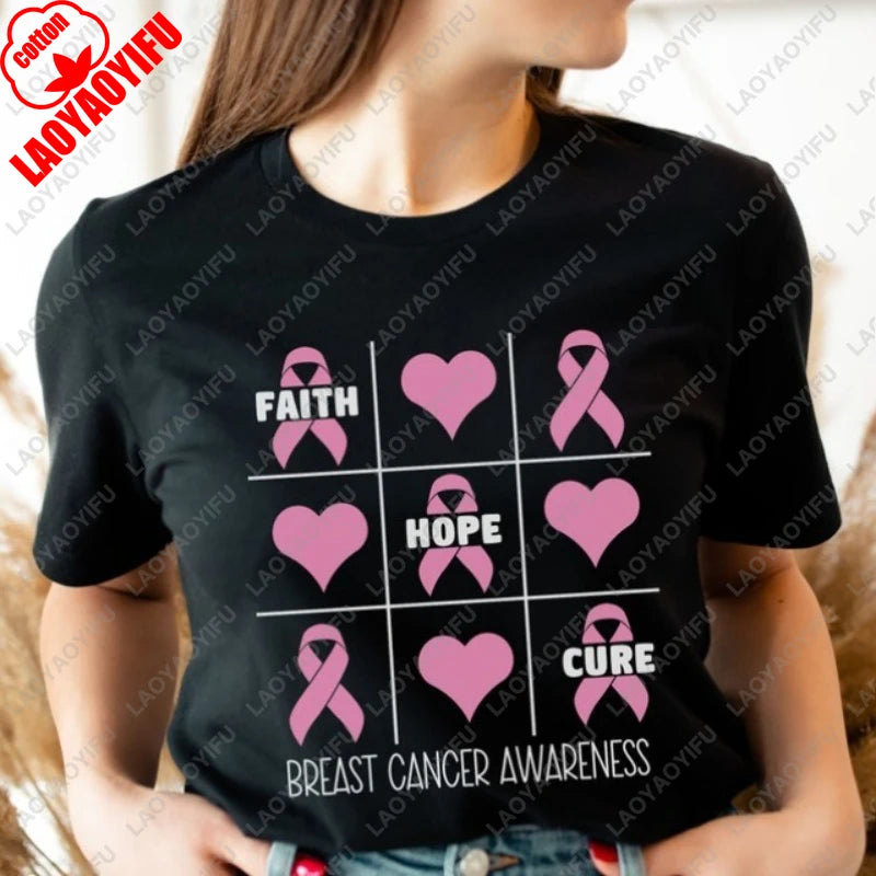 Fashion Breast Cancer Cotton Shirt Pink Breast Cancer Awareness T-Shirt Supporter Crew Tees Retro Cotton Woman Short-sleeve Tops