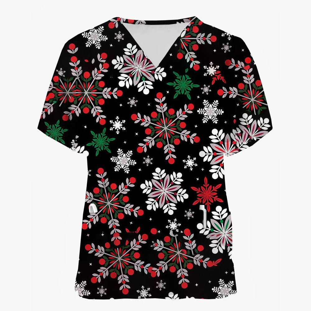 Christmas Medical Scrubs for Women Cartoon Pattern Print Dental Nurse Tops Fashion V-Neck Short Sleeve Clinical Uniform Woman