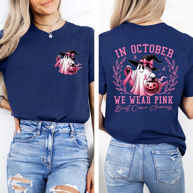 In October We Wear Pink Print Tshirt Women Fashion T Shirt Casual Summer Tee Shirts Breast Cancer Streetwear Short Sleeve Shirt