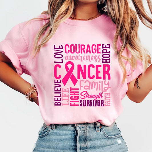 the COURAGE - Breast Cancer Awareness Cancer Letter Printed T Shirts, Women Casual Short Sleeve Summer Tops