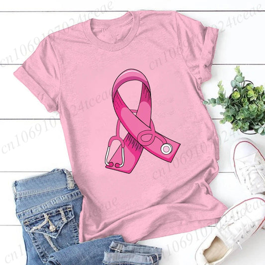 the PINK DOCTOR - Breast Cancer Doctor Print T-Shirt, Women Breast Cancer Warrior Graphic T-Shirt, Pink Stethoscope T-Shirt Ladies Clothing